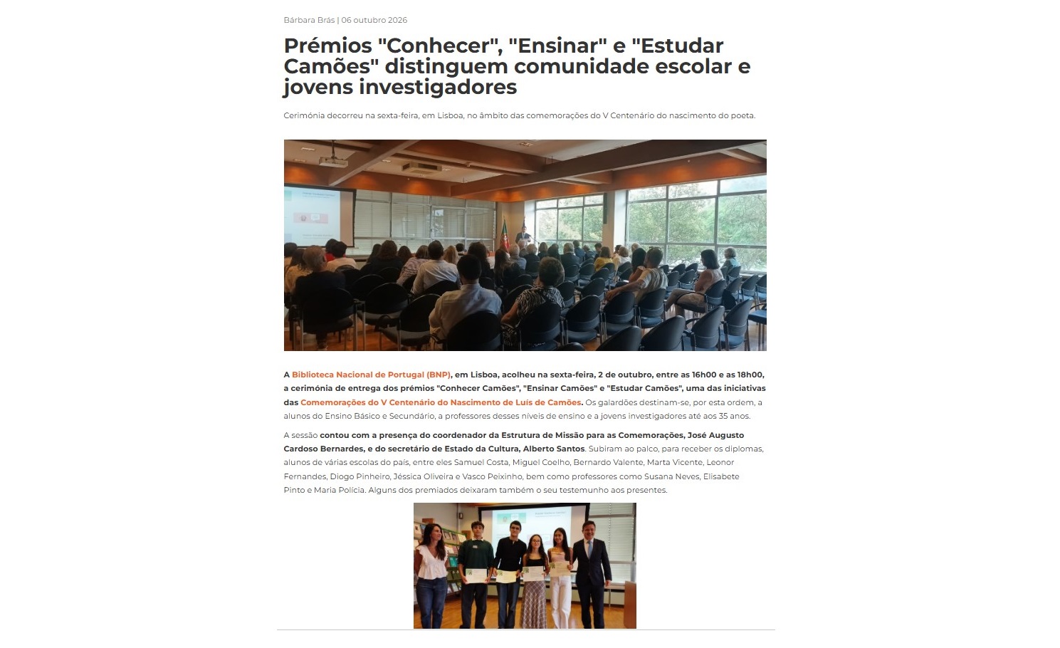 Prémios “Conhecer”, “Ensinar” e “Estudar Camões” distinguem comunidade escolar e jovens investigadores | Revista Fórum Estudante